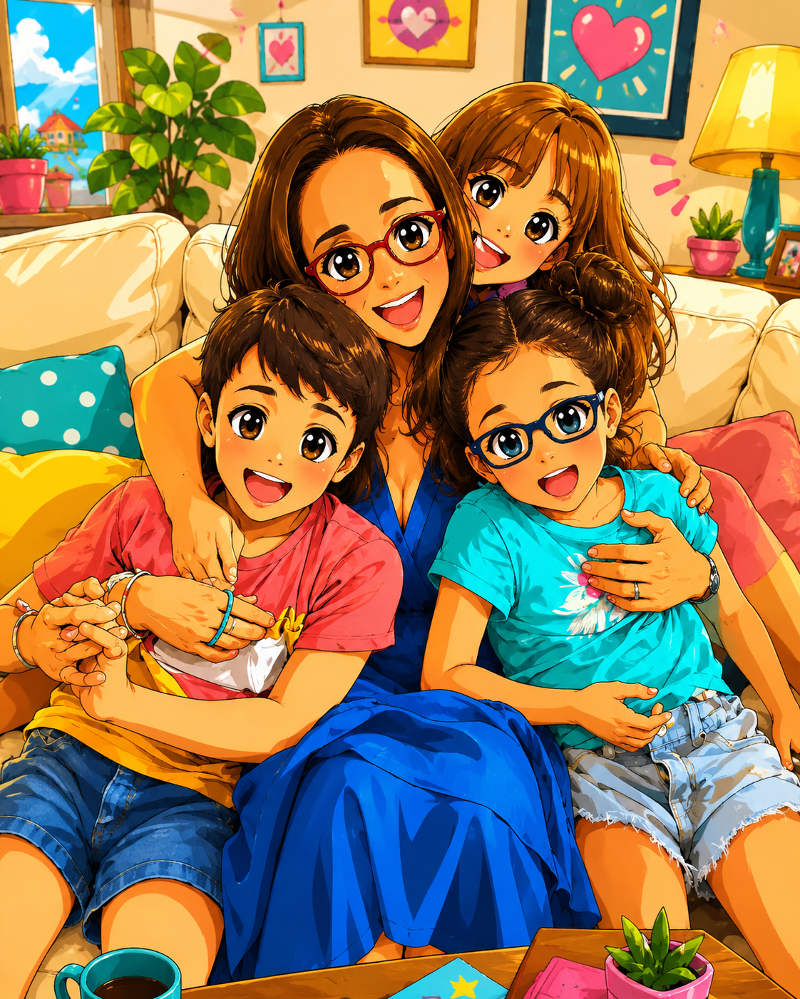 Ilustración de Laura con Claudia, Hugo y Noa
